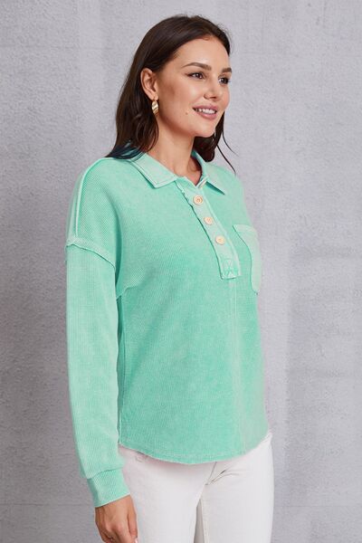 Quarter Button Dropped Shoulder Sweatshirt - Charming Charlie
