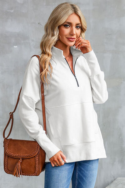 Half Zip Pocketed Dropped Shoulder Sweatshirt - Charming Charlie