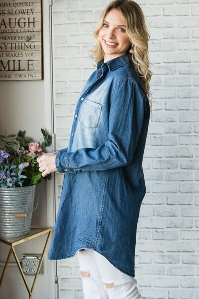 Veveret Pocketed Button Up Washed Denim Shirt - Charming Charlie