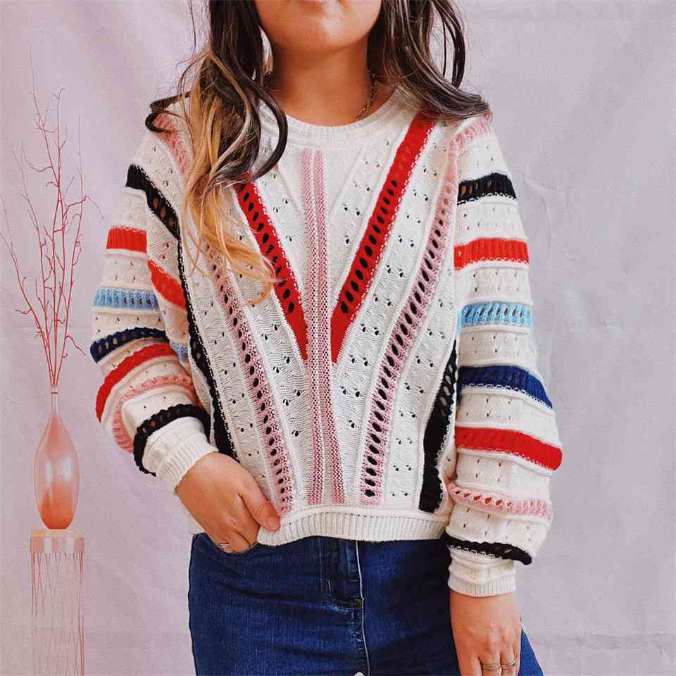 Striped Openwork Round Neck Sweater - Charming Charlie