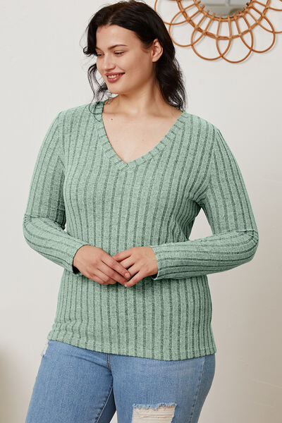Basic Bae Full Size Ribbed V-Neck Long Sleeve T-Shirt - Charming Charlie