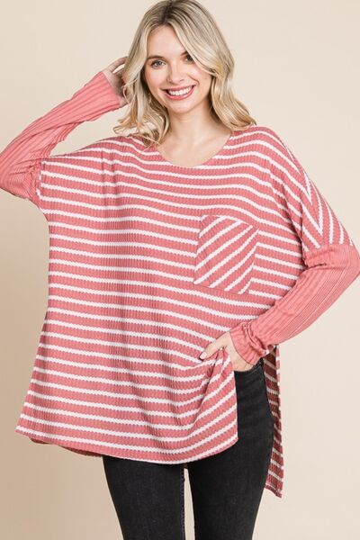 Culture Code Oversize Striped Round Neck Long Sleeve Slit T-Shirt - Charming Charlie