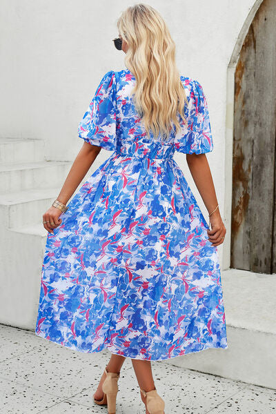 Smocked Printed V-Neck Short Sleeve Dress - Charming Charlie