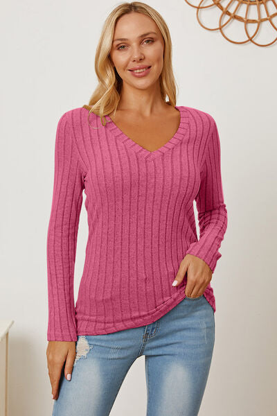 Basic Bae Full Size Ribbed V-Neck Long Sleeve T-Shirt - Charming Charlie