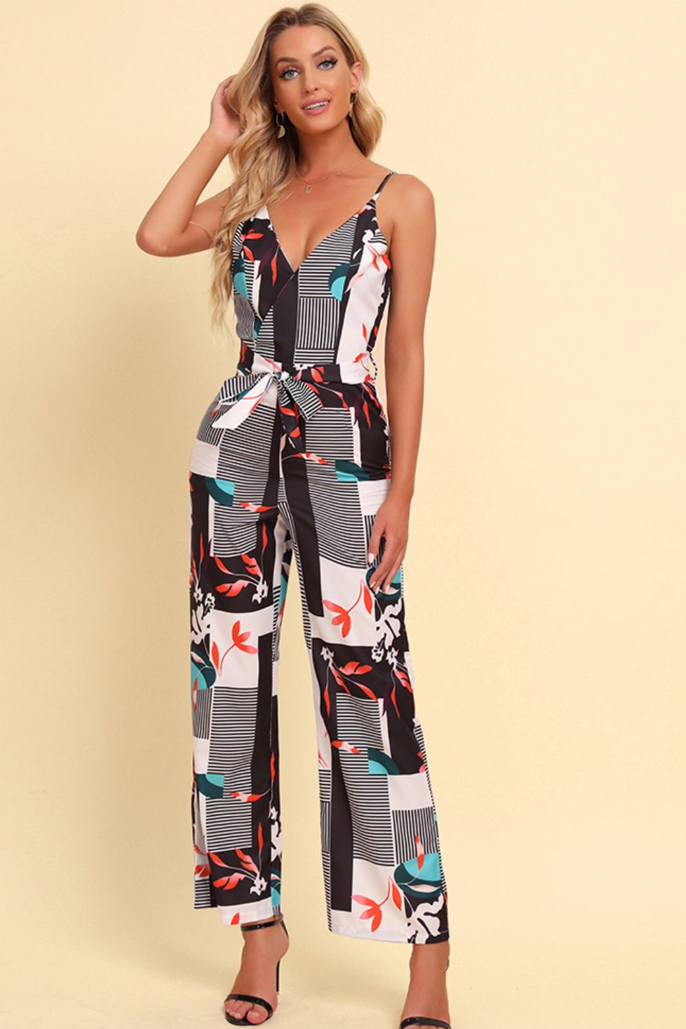 Printed Spaghetti Strap Tied Jumpsuit - Charming Charlie