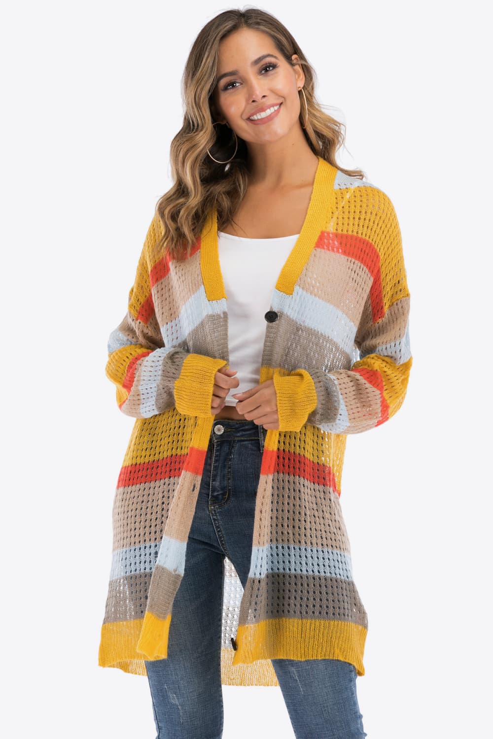 Color Block Openwork Long Sleeve Cardigan - Charming Charlie