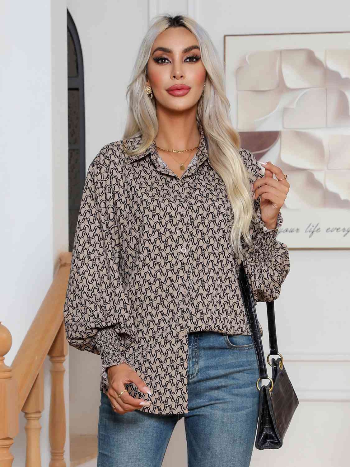 Printed Collared Neck Buttoned Dropped Shouder Shirt - Charming Charlie