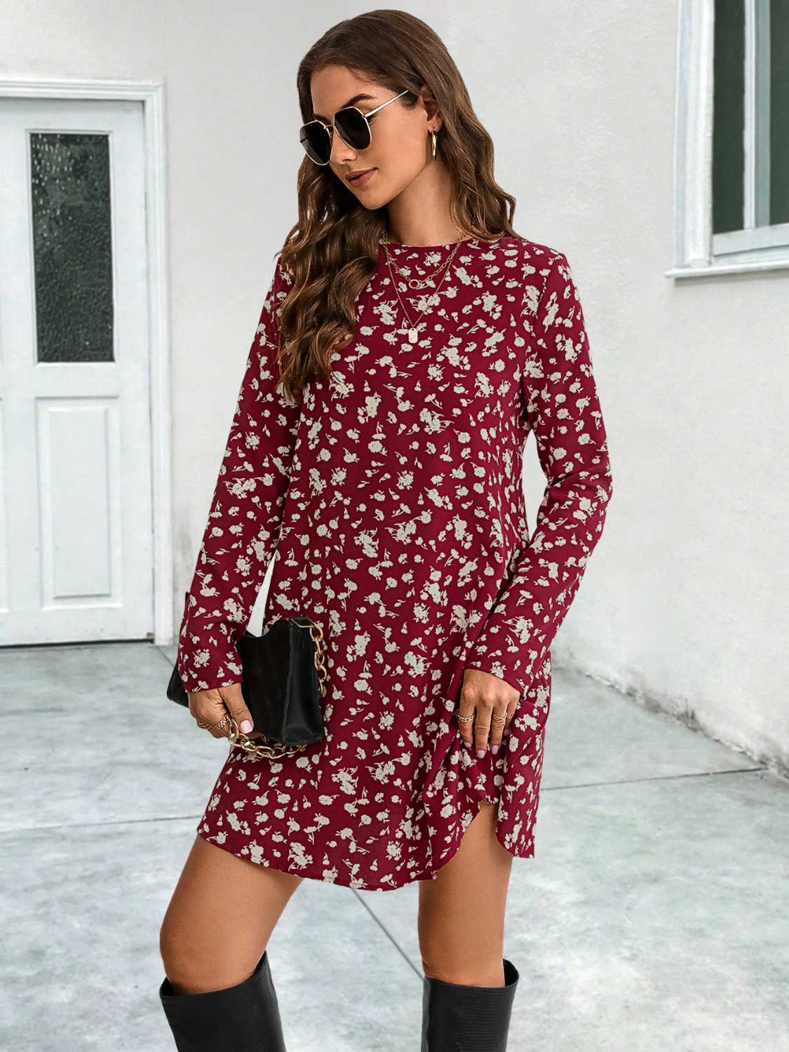 Round Neck Long Sleeve Mini Dress - Charming Charlie