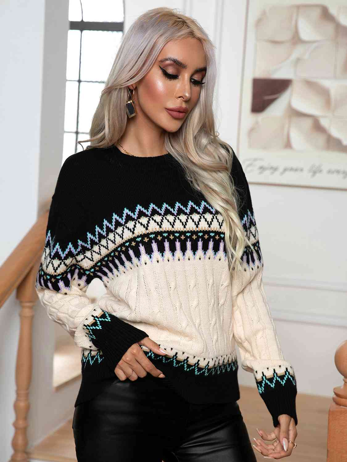 Round Neck Cable-Knit Sweater - Charming Charlie