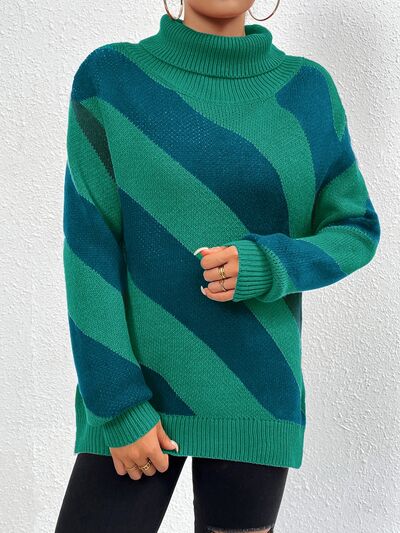 Striped Turtleneck Dropped Shoulder Sweater - Charming Charlie
