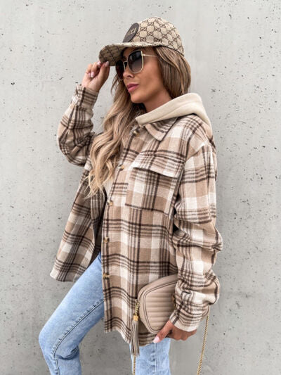 Plaid Dropped Shoulder Hooded Jacket - Charming Charlie