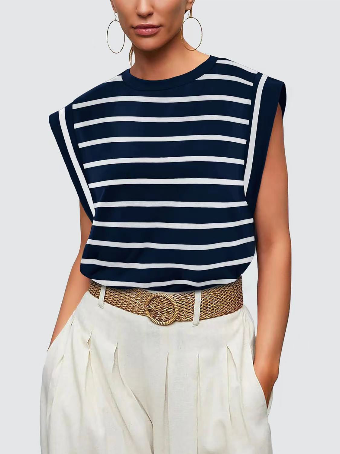 Striped Round Neck Cap Sleeve T-Shirt - Charming Charlie