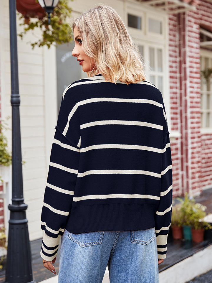 Striped Dropped Shoulder Notched Neck Knit Top - Charming Charlie
