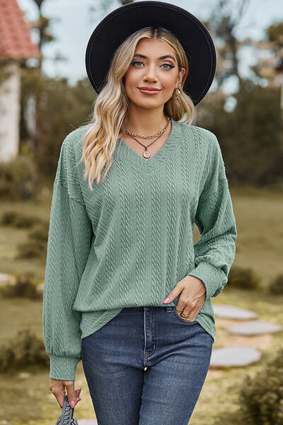 Textured V-Neck Dropped Shoulder T-Shirt - Charming Charlie