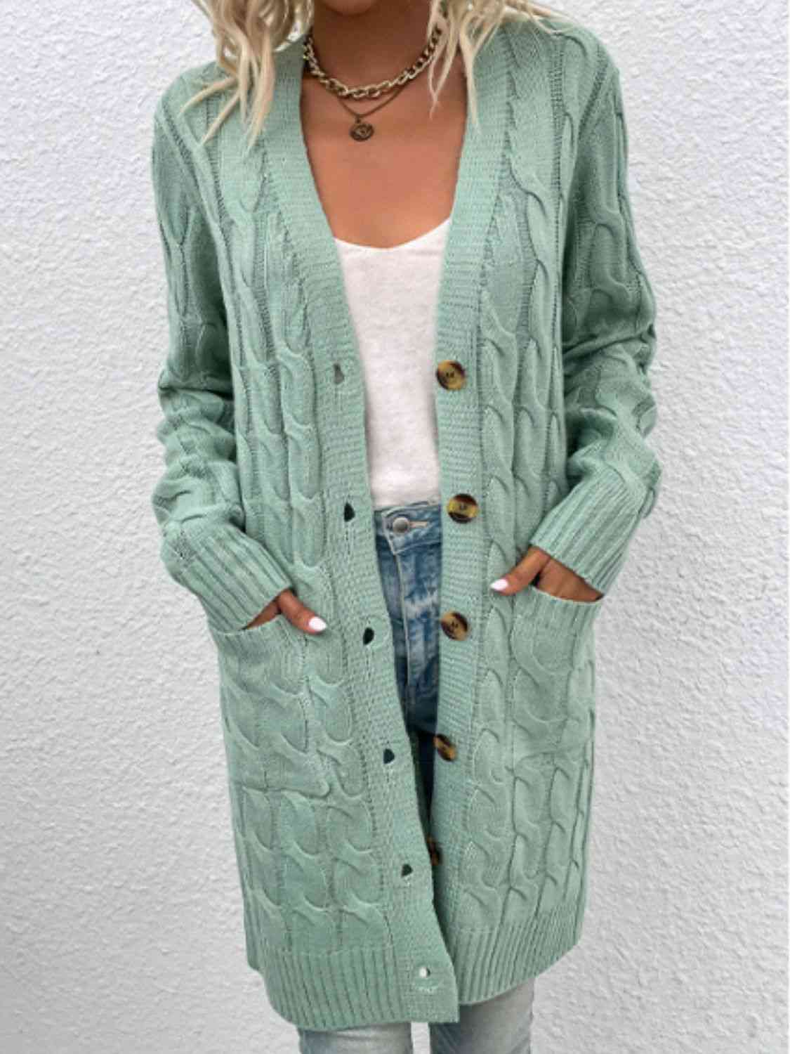 Cable-Knit Button Down Cardigan with Pockets - Charming Charlie