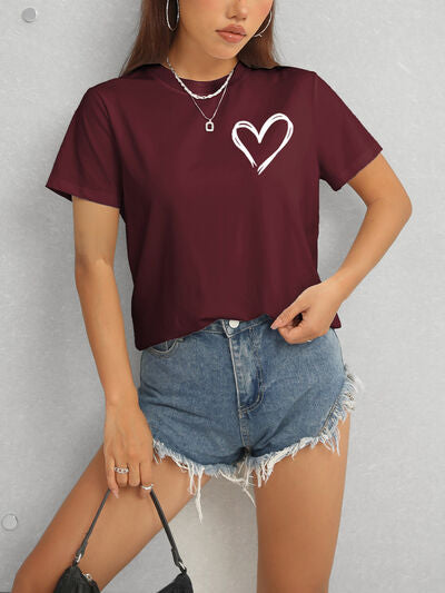 Heart Round Neck Short Sleeve T-Shirt - Charming Charlie