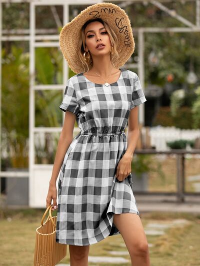 Smocked Plaid Round Neck Short Sleeve Dress - Charming Charlie