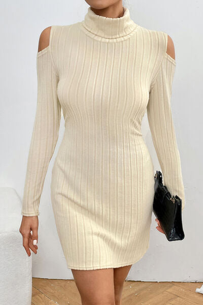 Ribbed Turtleneck Cold Shoulder Long Sleeve Mini Dress - Charming Charlie