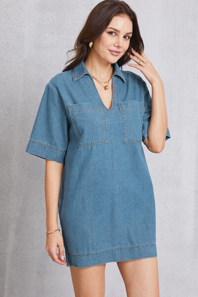 Pocketed Collared Neck Mini Denim Dress - Charming Charlie