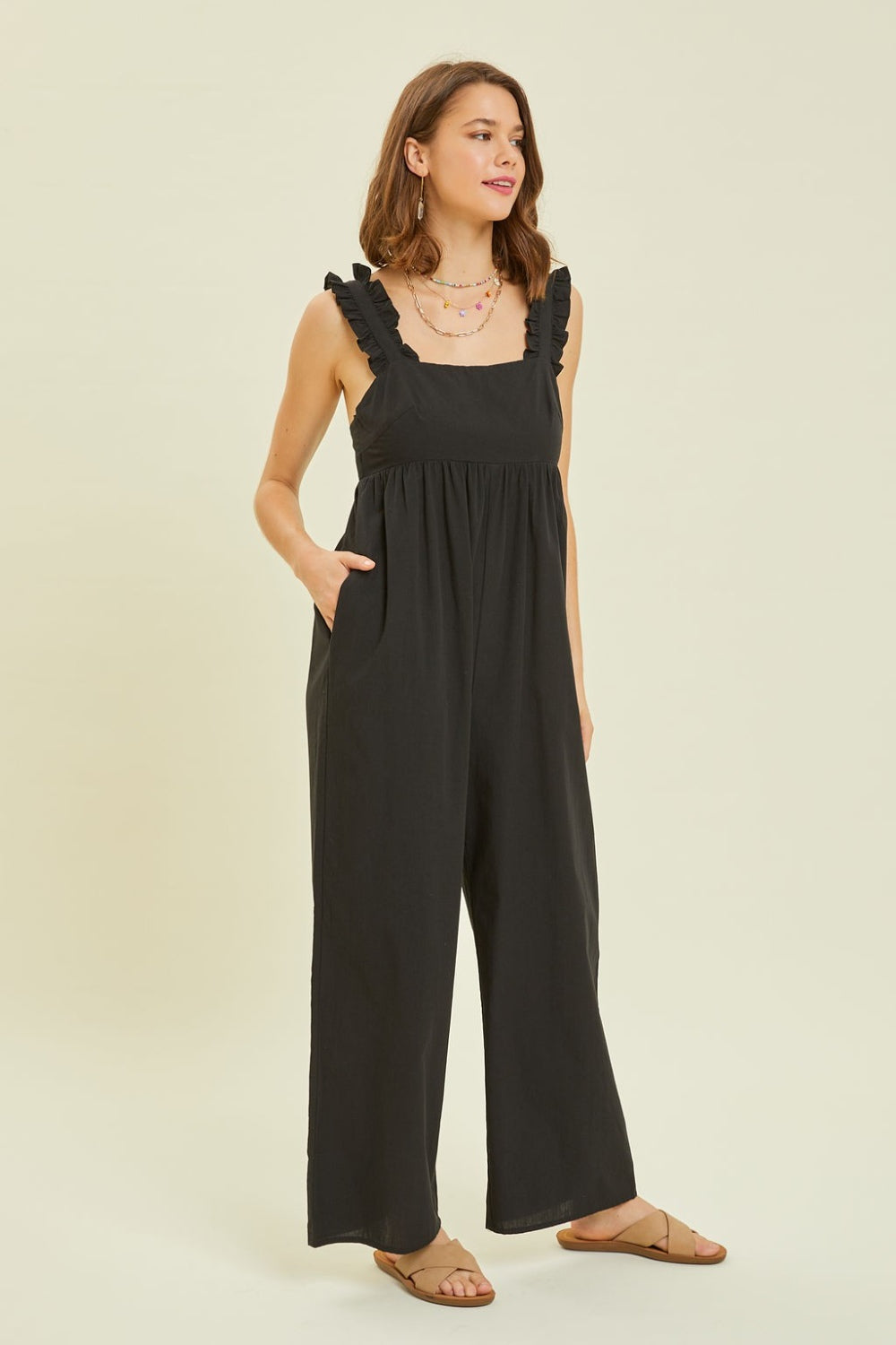 HEYSON Full Size Ruffled Strap Back Tie Wide Leg Jumpsuit - Charming Charlie