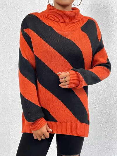 Striped Turtleneck Dropped Shoulder Sweater - Charming Charlie