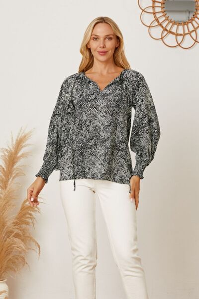 Printed Tie Neck Lantern Sleeve Blouse - Charming Charlie