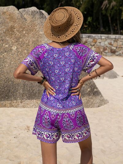 Tied Printed Short Sleeve Romper - Charming Charlie