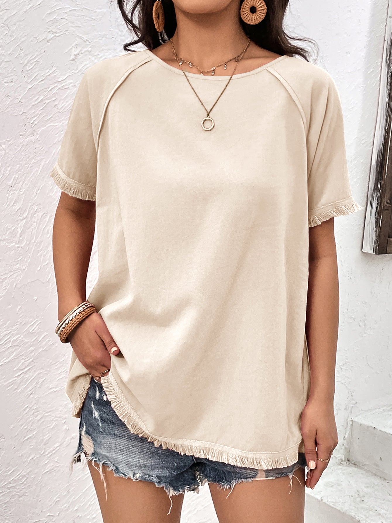 Round Neck Raglan Sleeve Fringe Detail Top - Charming Charlie