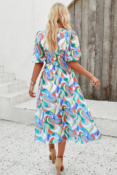 Smocked Printed V-Neck Short Sleeve Dress - Charming Charlie