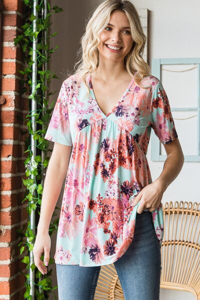 Heimish Full Size Floral V-Neck Short Sleeve Babydoll Blouse - Charming Charlie