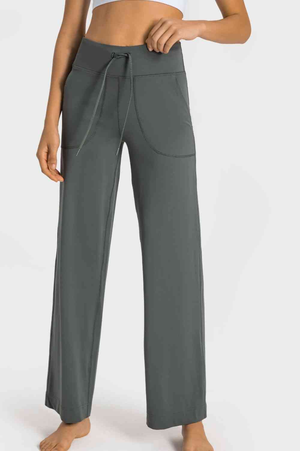 Drawstring Waist Wide Leg Sports Pants with Pockets - Charming Charlie