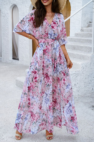 Printed Tied Half Sleeve Slit Dress - Charming Charlie