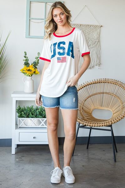 Heimish Full Size USA Contrast Trim Short Sleeve T-Shirt - Charming Charlie