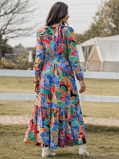 Printed Smocked Tie Neck Balloon Sleeve Maxi Dress - Charming Charlie