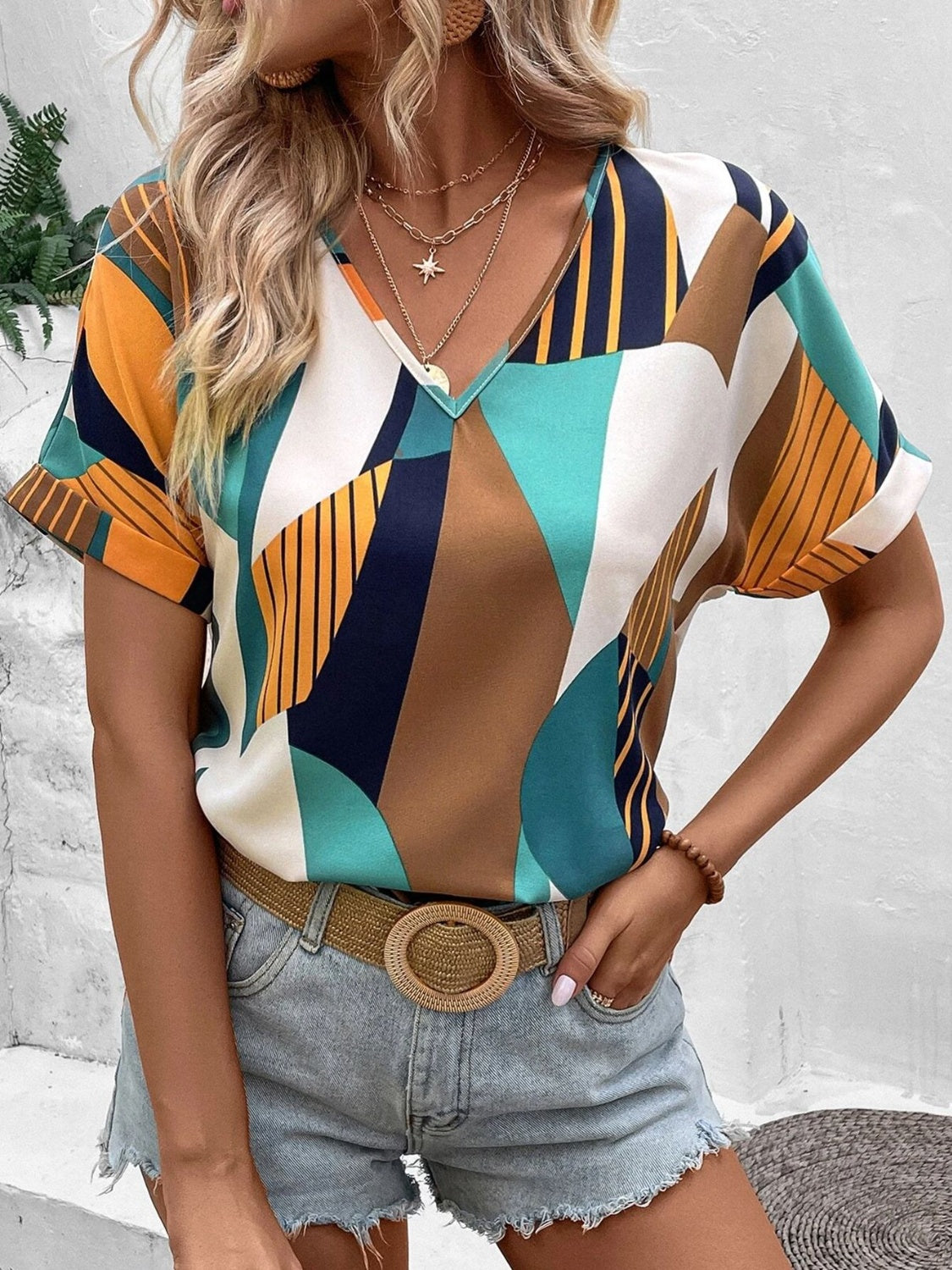 Printed V-Neck Short Sleeve Blouse - Charming Charlie