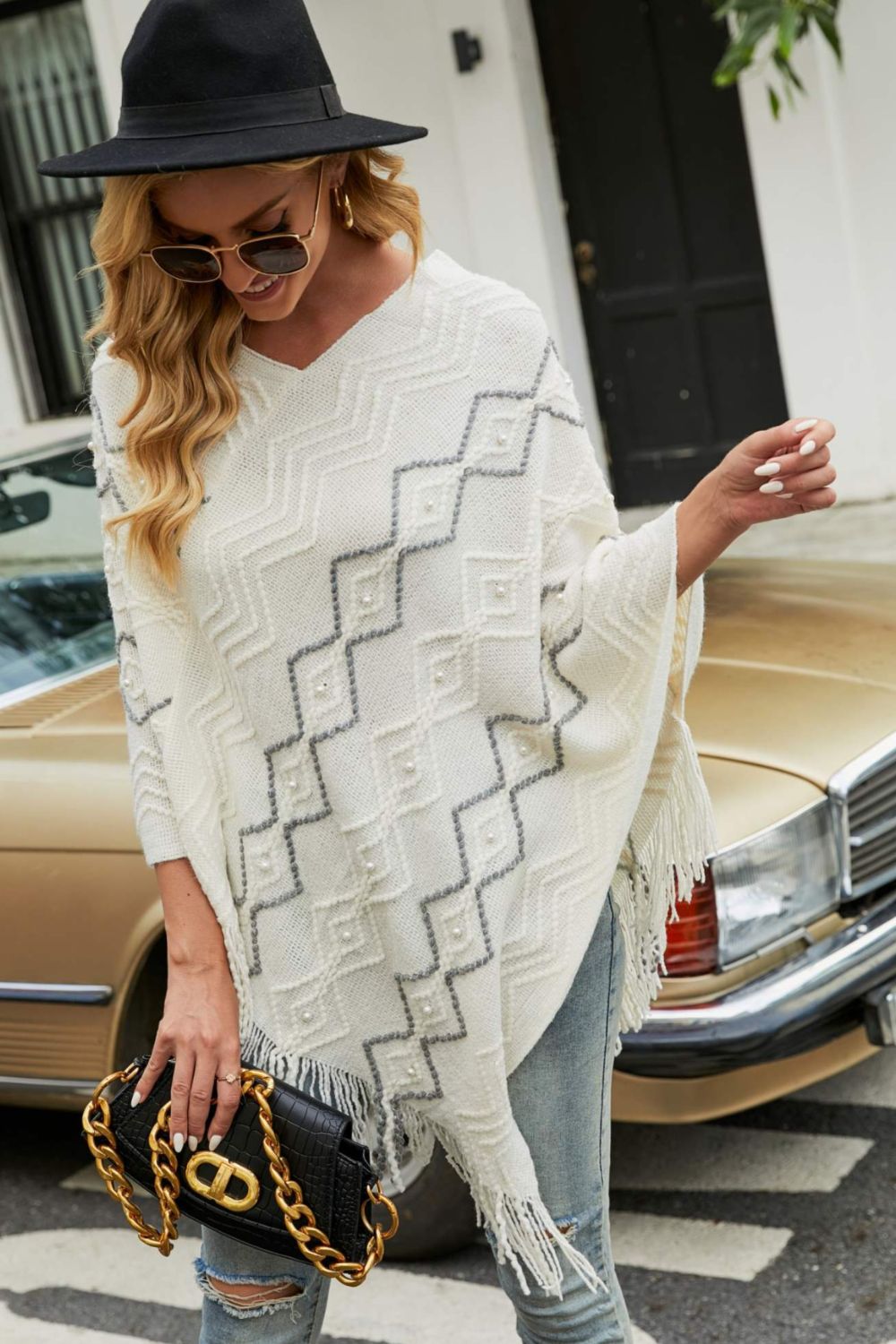 Pearl Trim V-Neck Fringe Hem Poncho - Charming Charlie