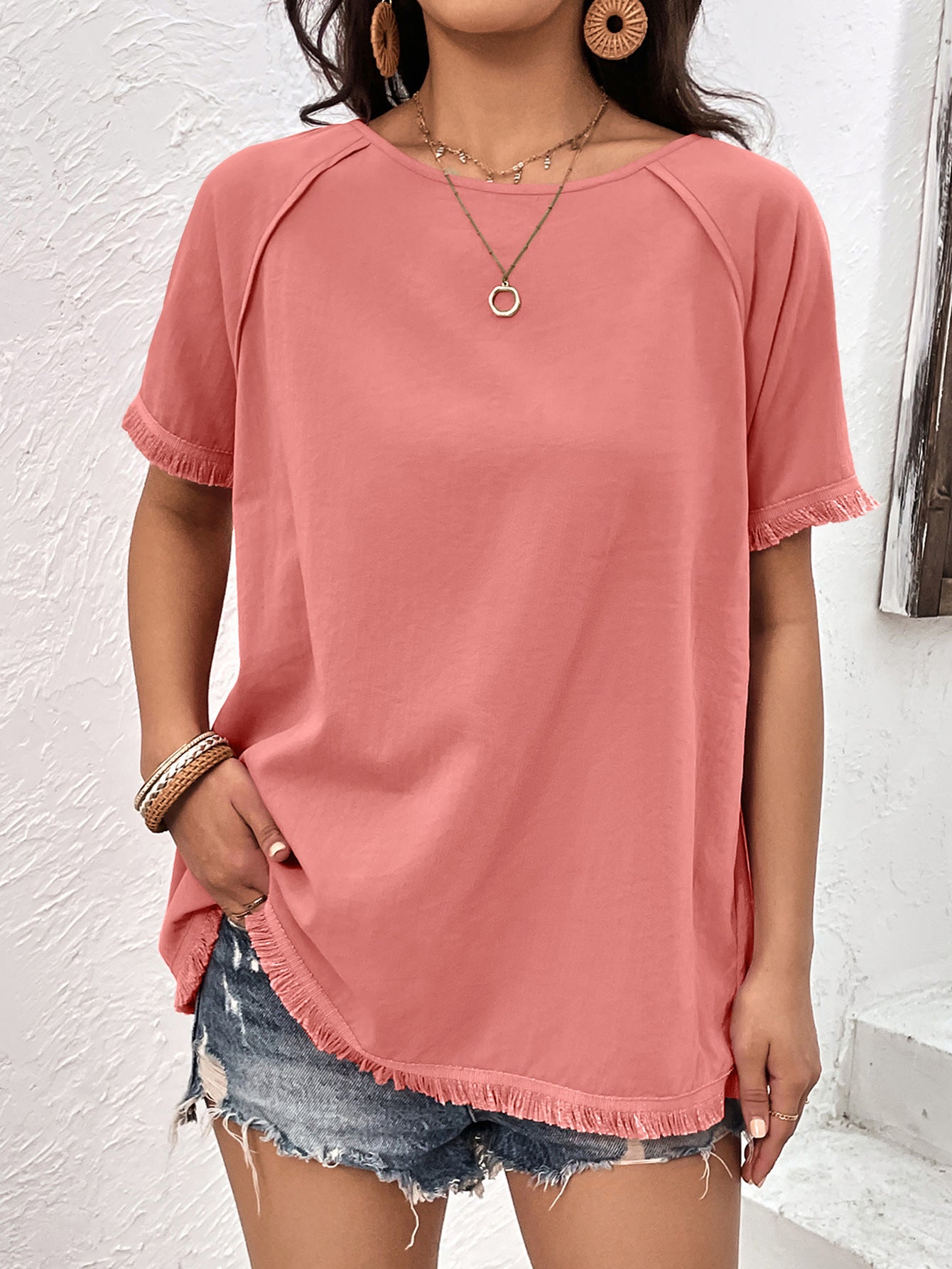 Round Neck Raglan Sleeve Fringe Detail Top - Charming Charlie