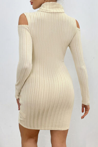 Ribbed Turtleneck Cold Shoulder Long Sleeve Mini Dress - Charming Charlie