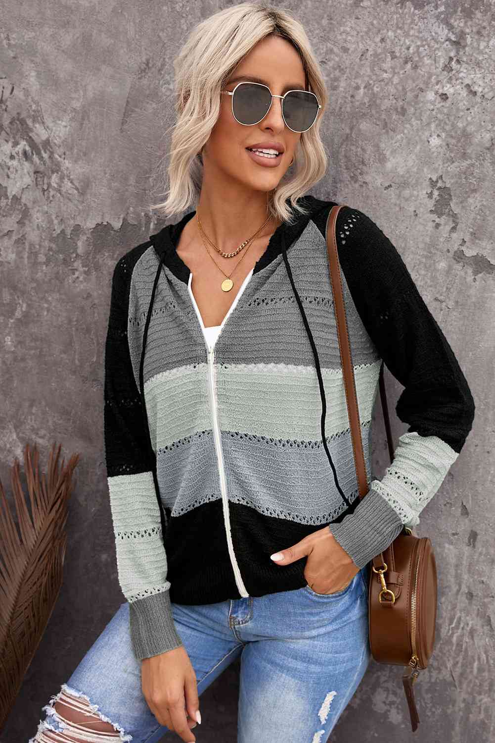 Zip-Up Raglan Sleeve Openwork Hooded Cardigan - Charming Charlie