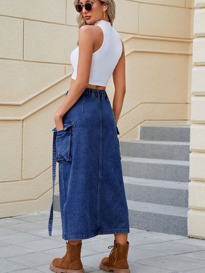 Slit Pocketed High Waist Denim Skirt - Charming Charlie