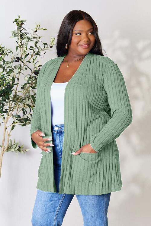Basic Bae Full Size Ribbed Open Front Cardigan with Pockets - Charming Charlie