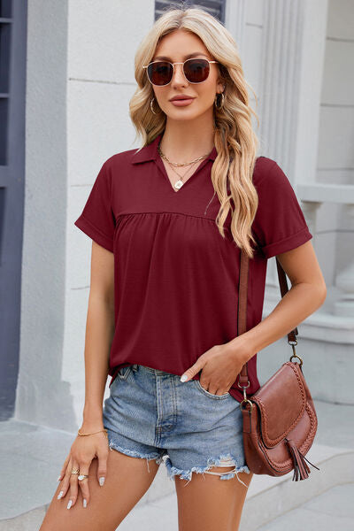 Ruched Johnny Collar Short Sleeve Blouse - Charming Charlie