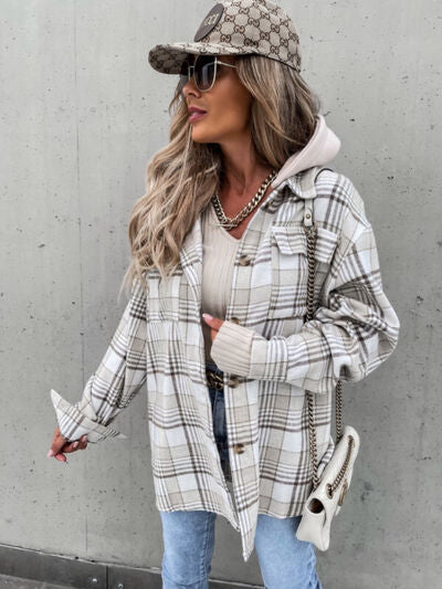 Plaid Dropped Shoulder Hooded Jacket - Charming Charlie