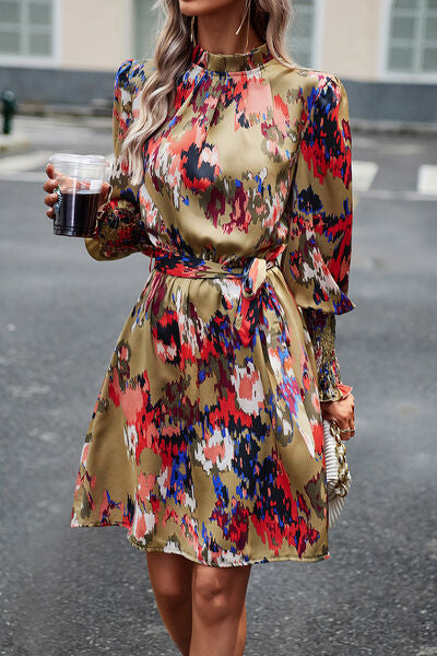 Printed Tie Waist Mock Neck Lantern Sleeve Dress - Charming Charlie