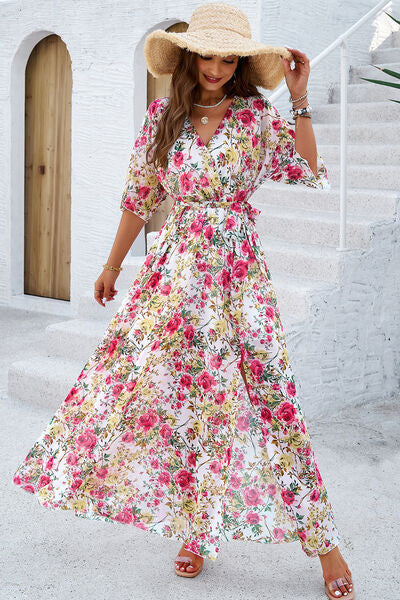 Printed Tied Half Sleeve Slit Dress - Charming Charlie
