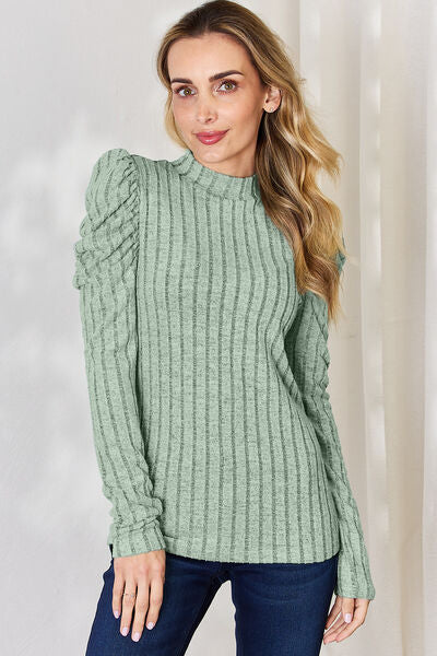 Basic Bae Full Size Ribbed Mock Neck Puff Sleeve T-Shirt - Charming Charlie