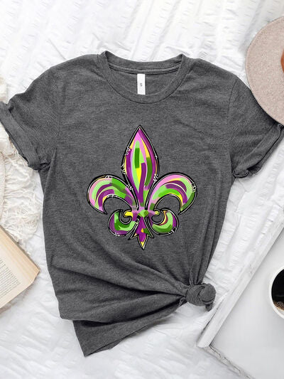 Mardi Gras Graphic Round Neck Short Sleeve T-Shirt - Charming Charlie