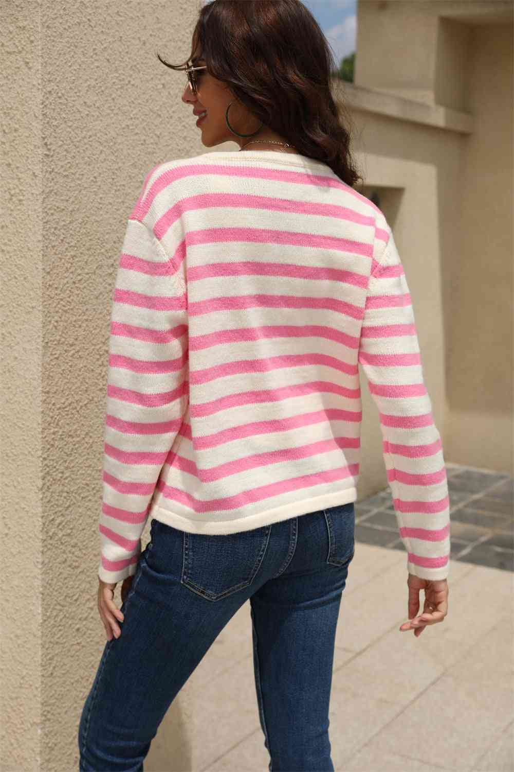 Striped Round Neck Button-Down Dropped Shoulder Cardigan - Charming Charlie