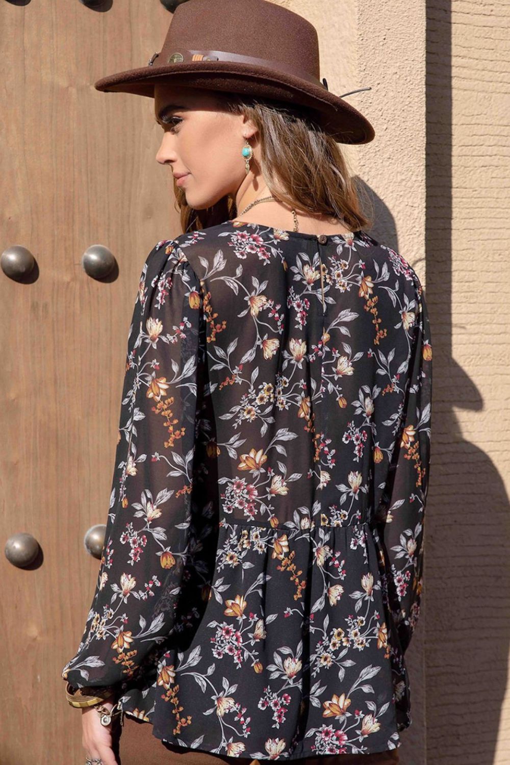Printed Round Neck Long Sleeve Blouse - Charming Charlie
