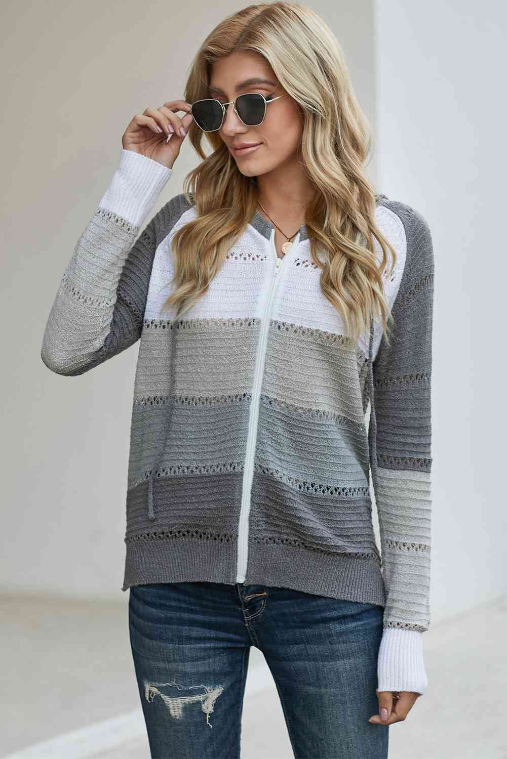 Zip-Up Raglan Sleeve Openwork Hooded Cardigan - Charming Charlie